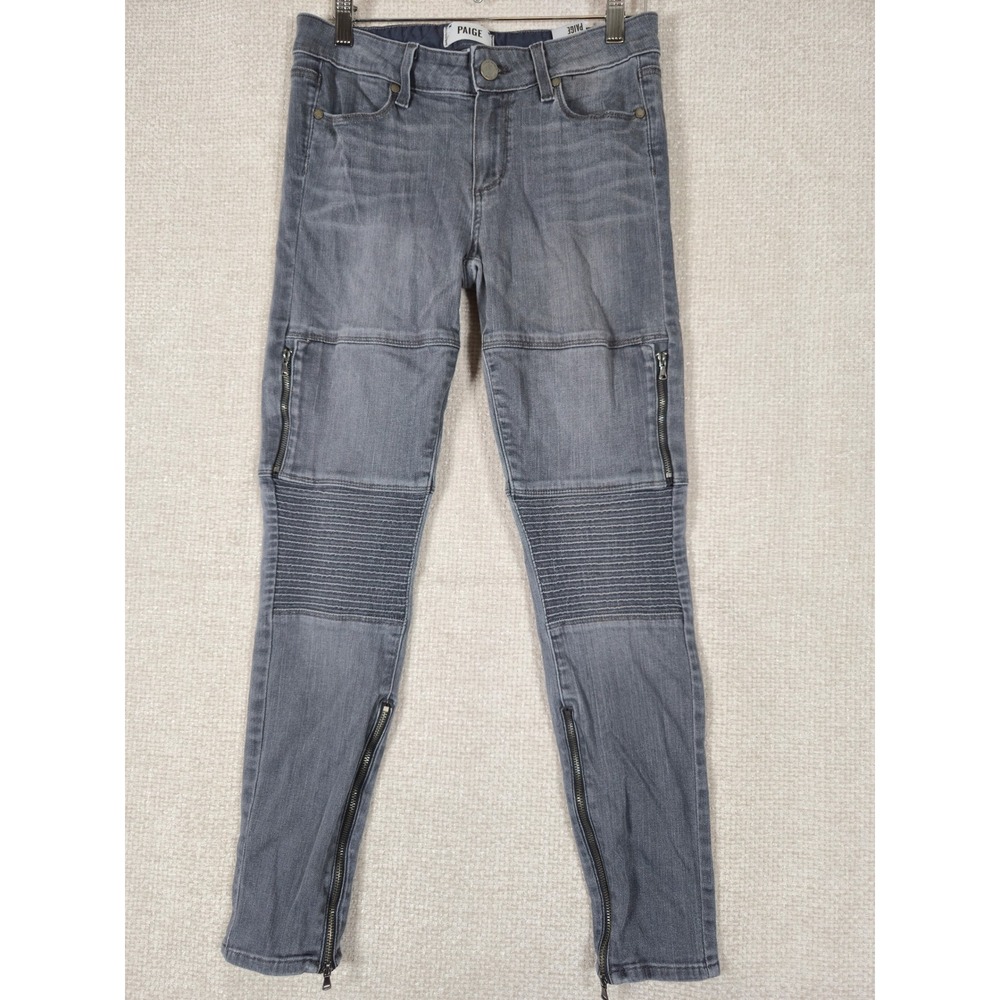 Paige‎ Gray Moto Skinny Jeans Ribbed Knee Zipper Detail Womens Size 28